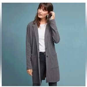 Anthropologie petite M Harlyn Blazer, loose fit, gray w/red pinstripe, pockets